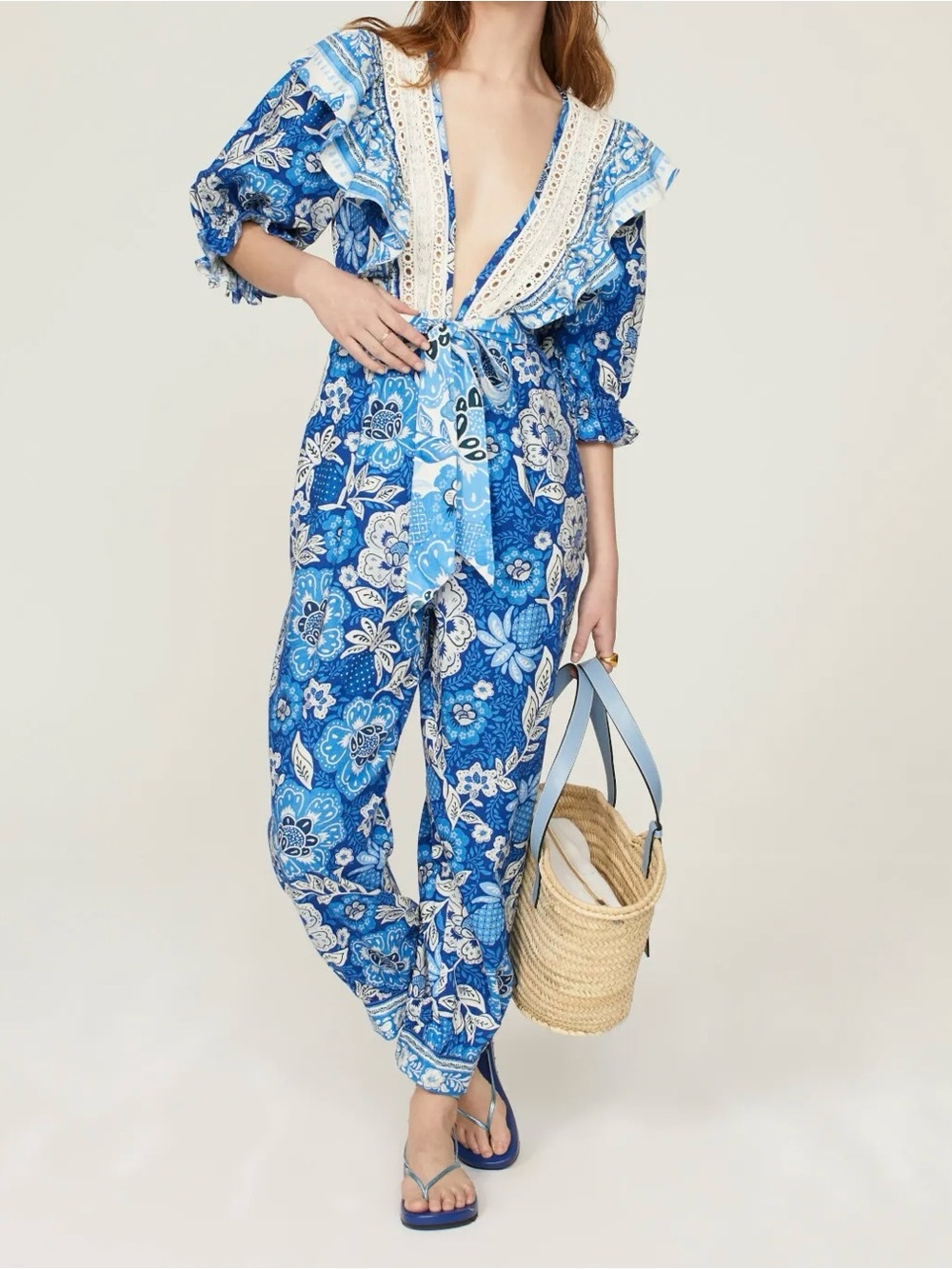 FARM Rio Blue Floral Deep-V Tie-Waist Jumpsuit